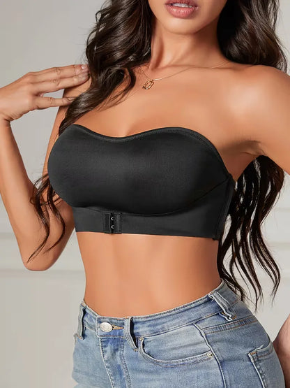 Black push up strapless bra worn with jeans