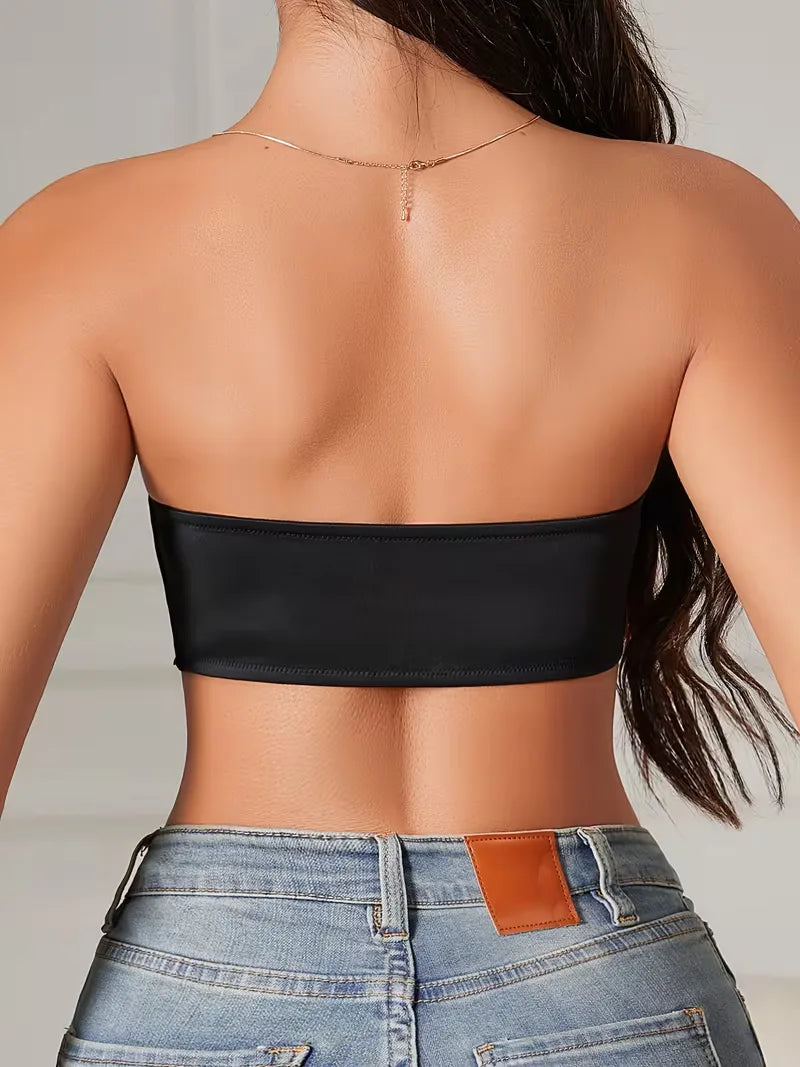Back view of the black push up strapless bra