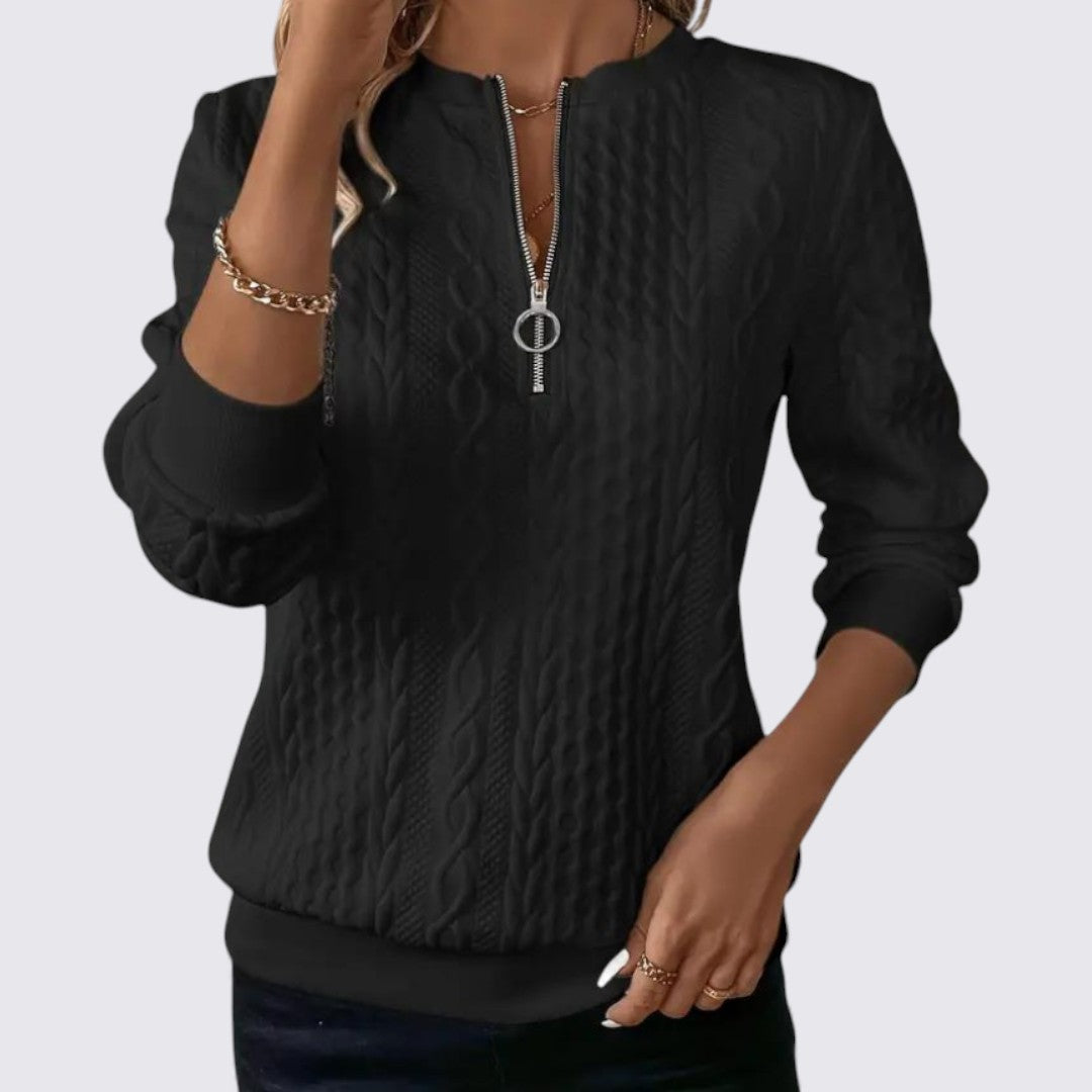 Black quarter zip sweater with cable knit texture and ring pull zipper, front view