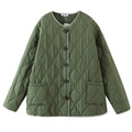 Green quilted collarless jacket with wave stitching and piped edges, flat front view