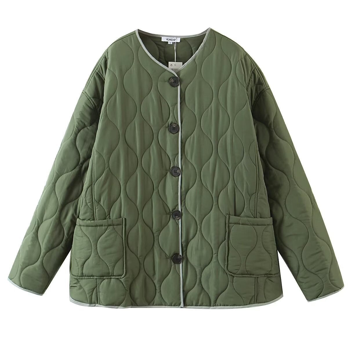 Green quilted collarless jacket with wave stitching and piped edges, flat front view