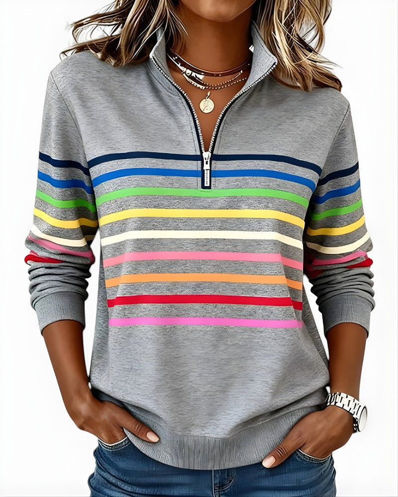 Gray rainbow stripe quarter zip pullover, front view
