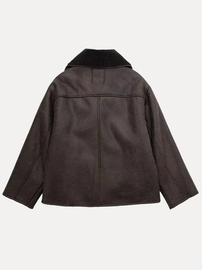 Back view of the brown relaxed lapel jacket on a plain background