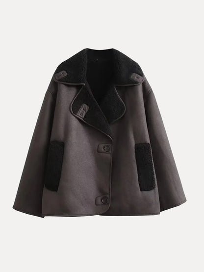 Front view of the brown relaxed lapel jacket with lined collar and pockets