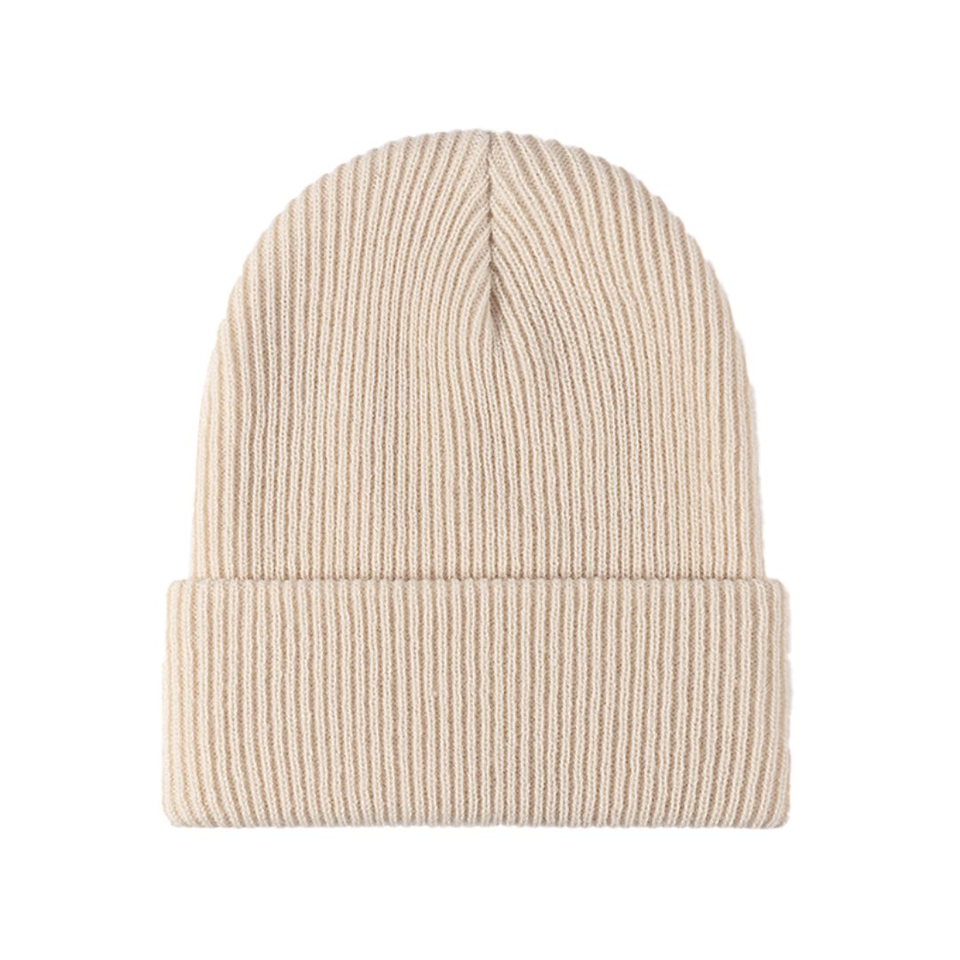 Beige ribbed cuff beanie