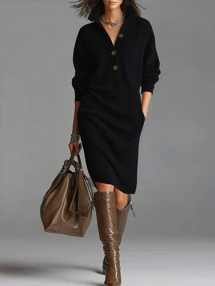 Black ribbed knit midi dress with a button collar and brown boots