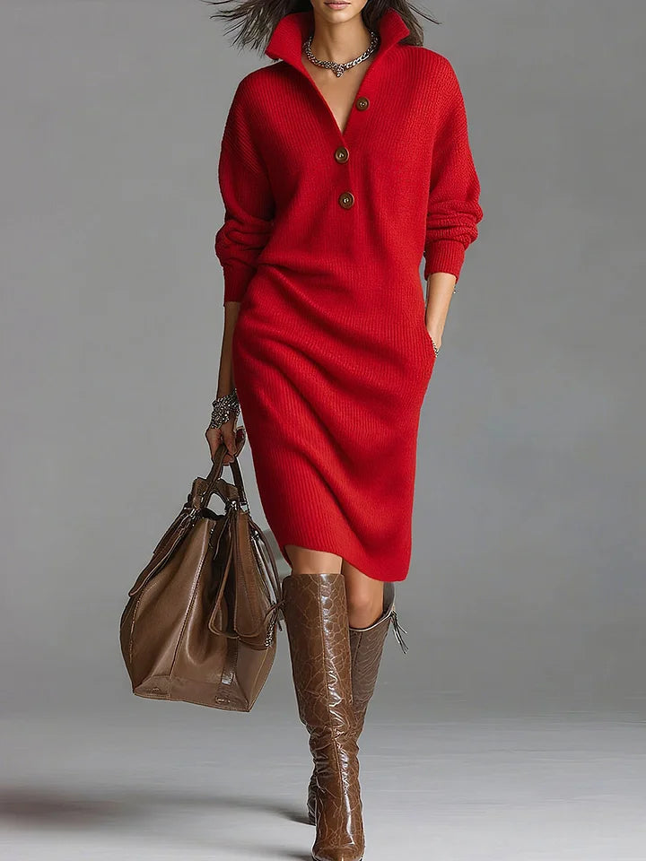 Red ribbed knit midi dress with a button collar and brown boots