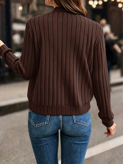 Back view of the brown ribbed knit zip front jacket
