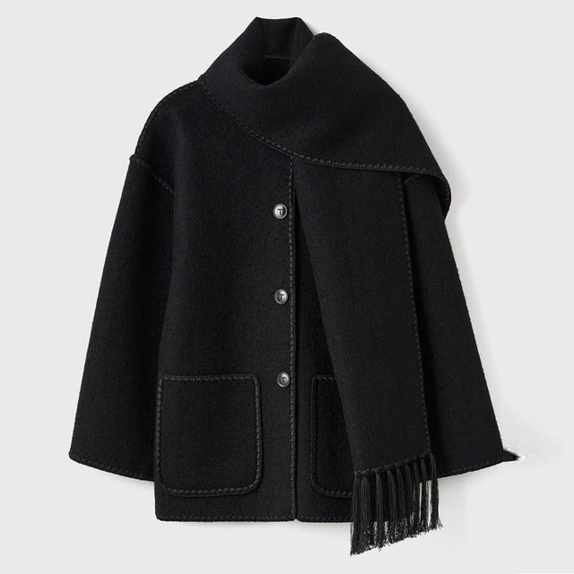 Black fringed scarf wrap coat with patch pockets