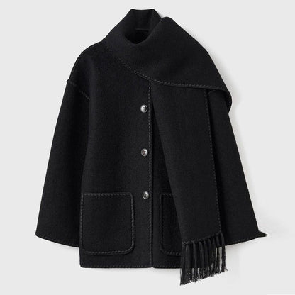 Black fringed scarf wrap coat with patch pockets