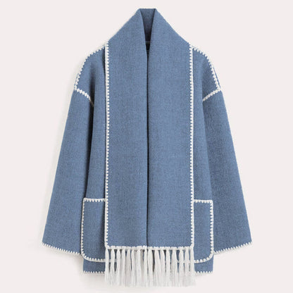 Blue fringed scarf wrap coat with contrast stitching