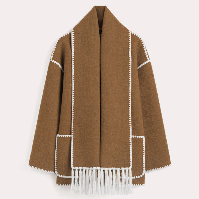 Brown fringed scarf wrap coat with contrast stitching