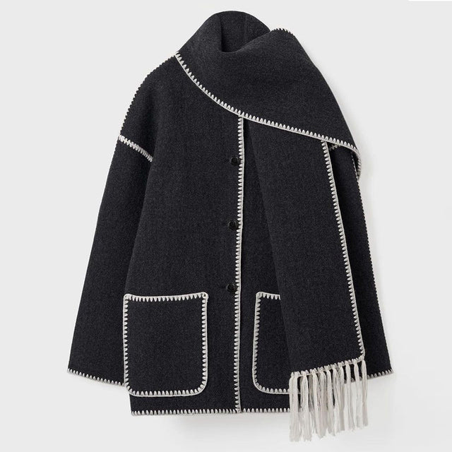 Charcoal fringed scarf wrap coat with contrast stitching