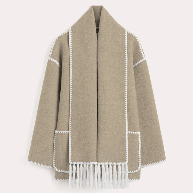 Khaki fringed scarf wrap coat with contrast stitching