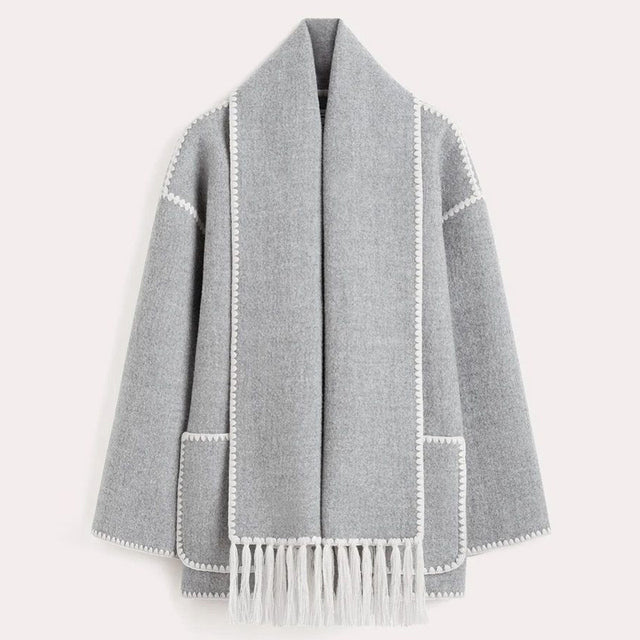 Light gray fringed scarf wrap coat with contrast stitching