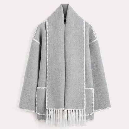 Light gray fringed scarf wrap coat with contrast stitching