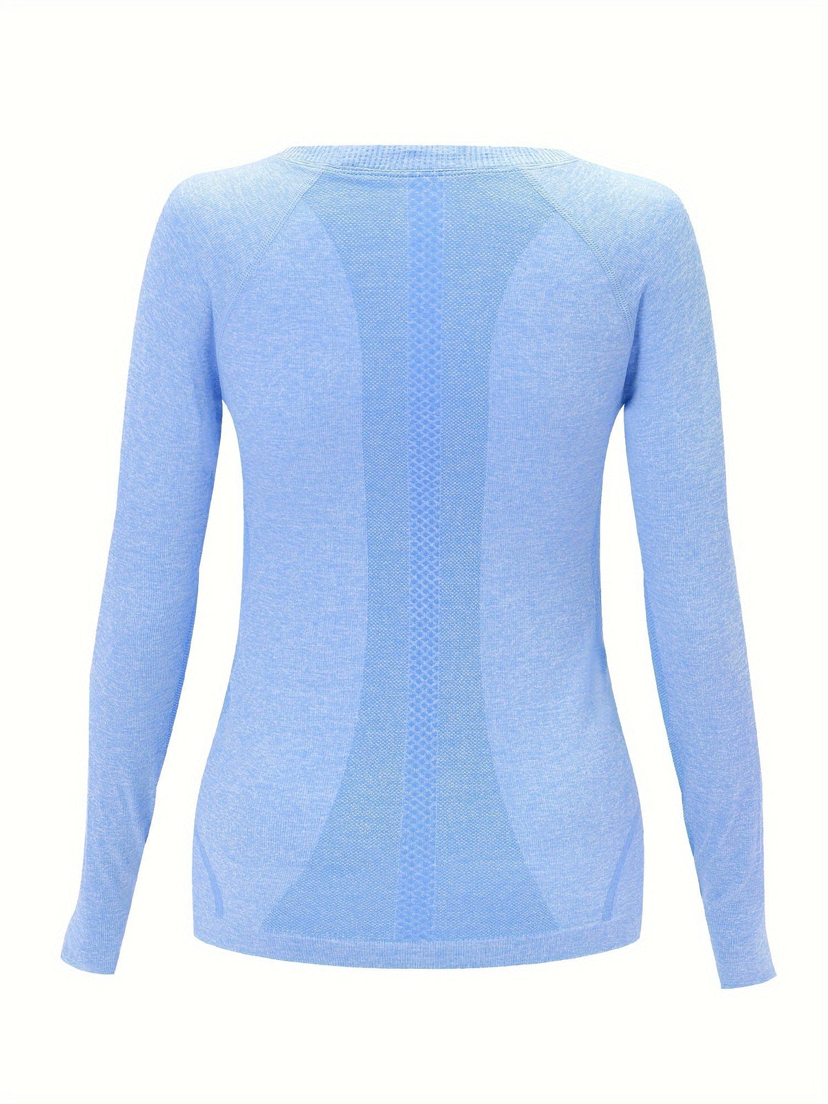 Back view of the blue seamless knit sport top
