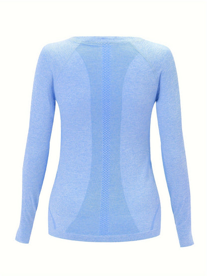 Back view of the blue seamless knit sport top