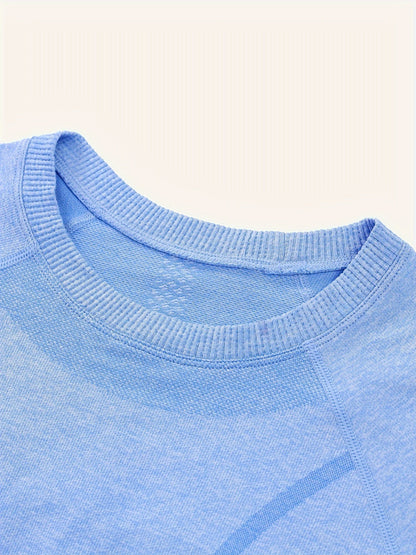 Close up of the blue seamless knit crew neckline