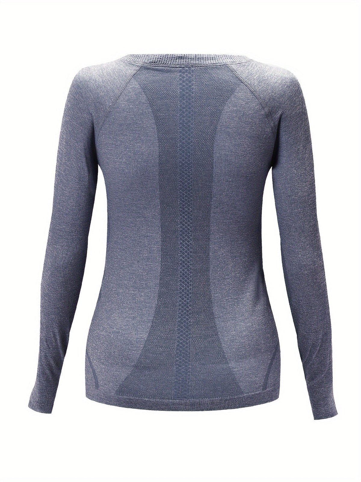 Back view of the denim blue seamless knit sport top