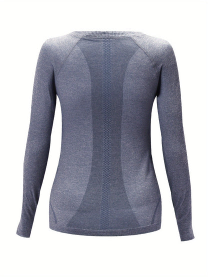 Back view of the denim blue seamless knit sport top