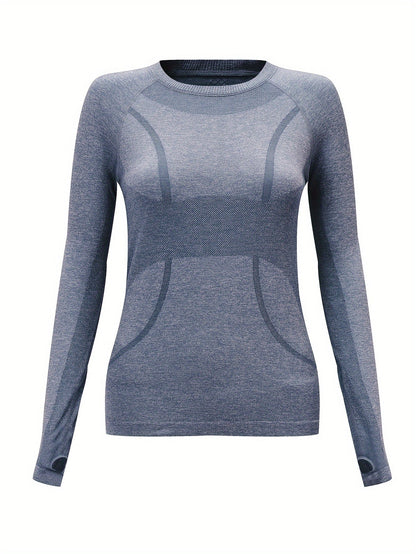 Denim blue seamless knit long sleeve sport top, front view