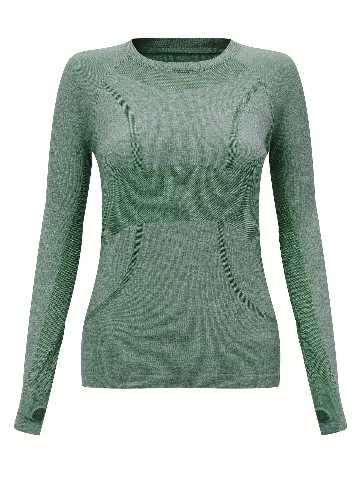 Green seamless knit long sleeve sport top, front view