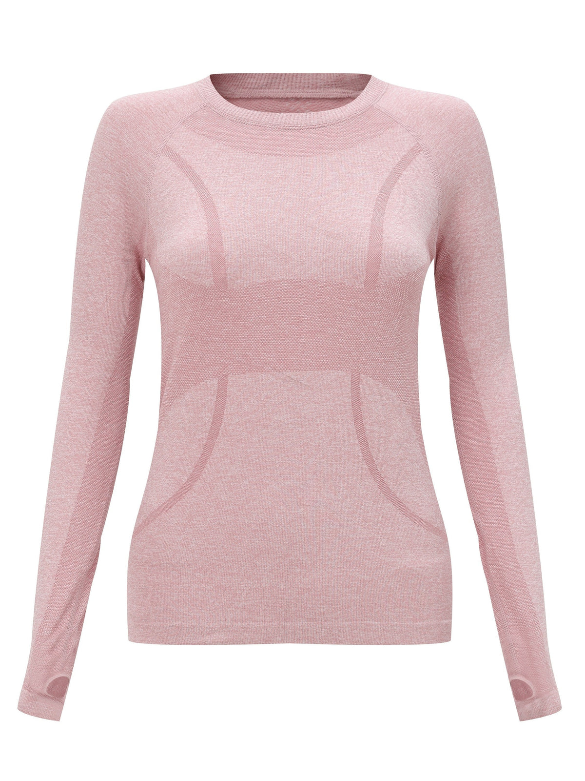 Pink seamless knit long sleeve sport top, front view