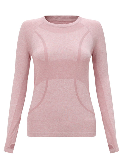 Pink seamless knit long sleeve sport top, front view