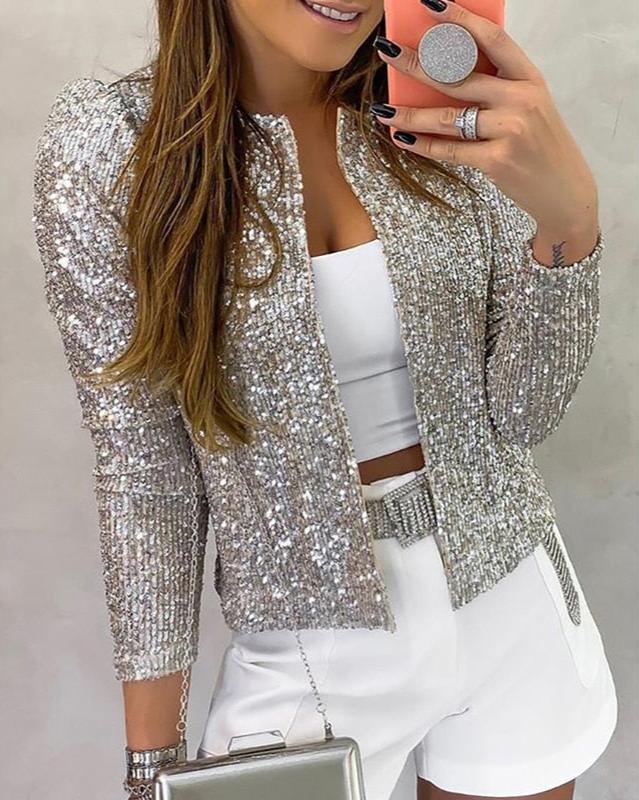 Silver sequin open front jacket worn, front view