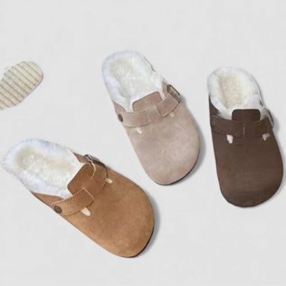 Suede shearling lined clogs with buckle strap in tan, beige and dark brown