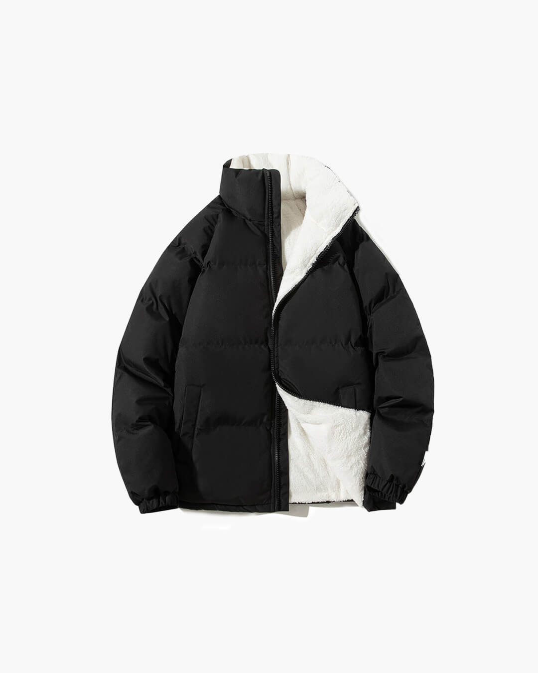 Black sherpa lined puffer jacket, front product