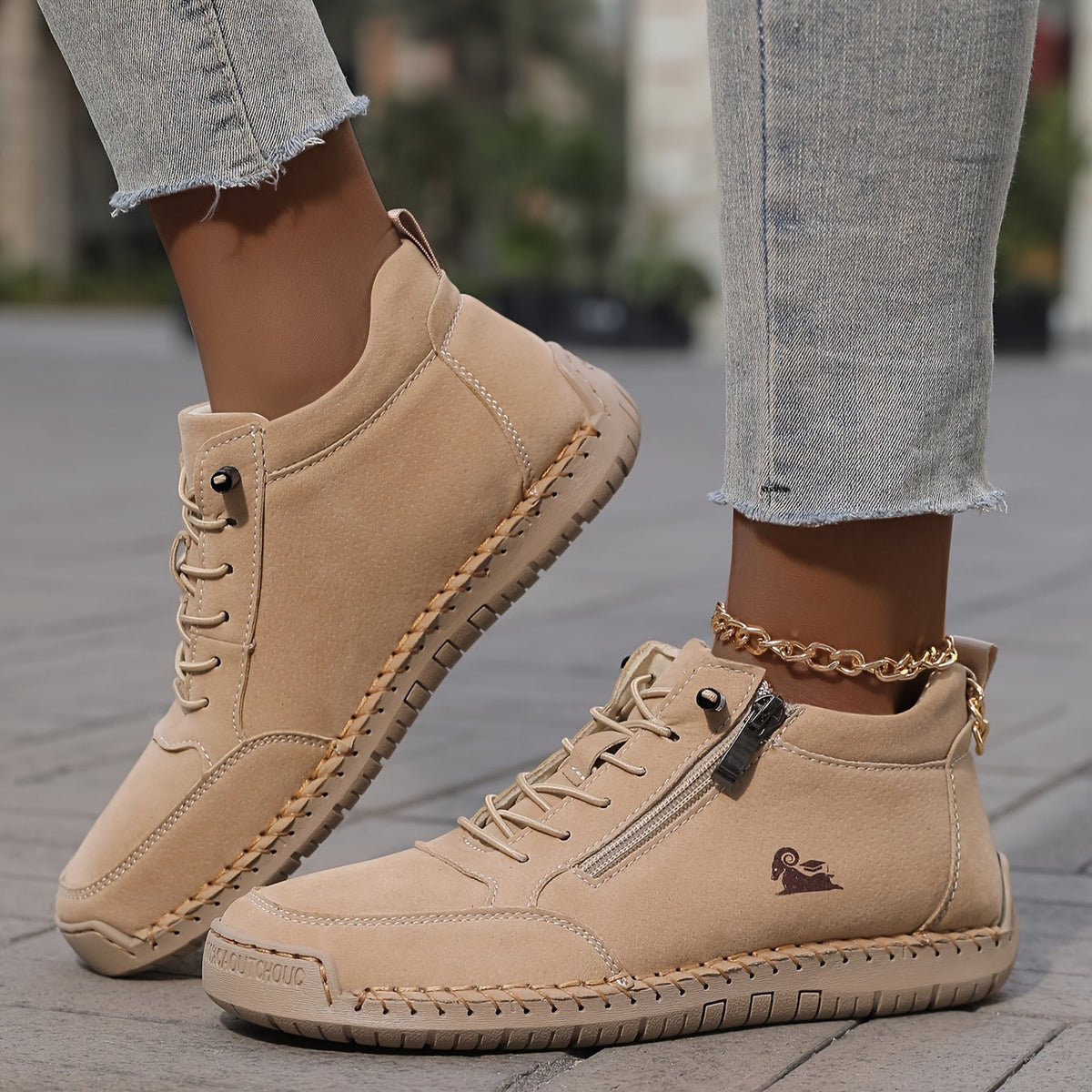 Women's lace-up side zip sneakers with a stitched sole edge