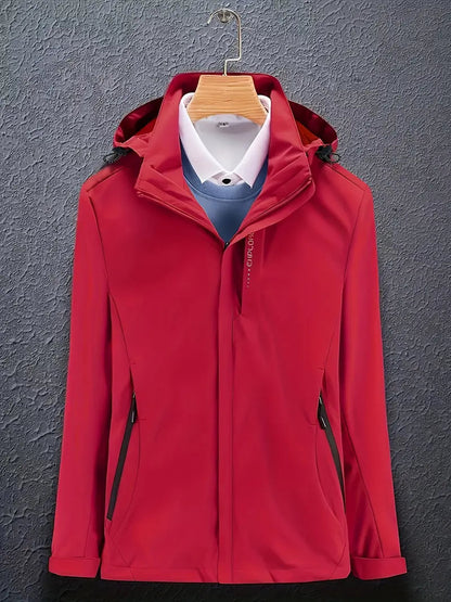 Red soft shell hooded jacket on a hanger