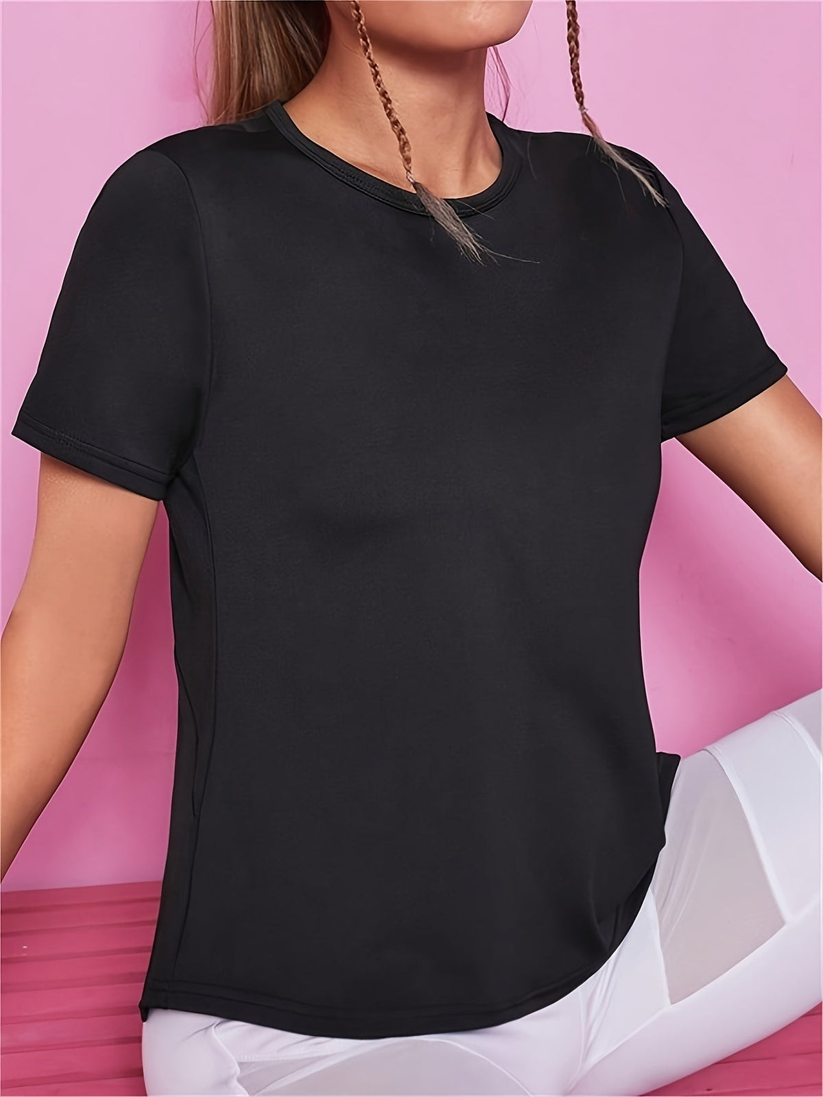 Black split back sport tee, front view