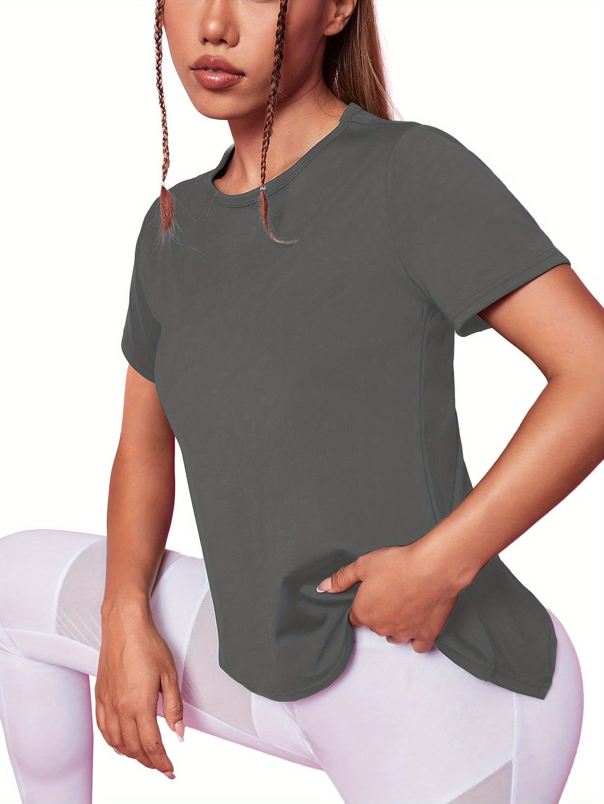 Gray sport tee with a curved hem, front view