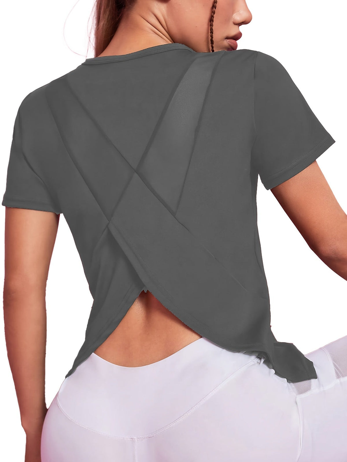 Gray split back sport tee, side back view