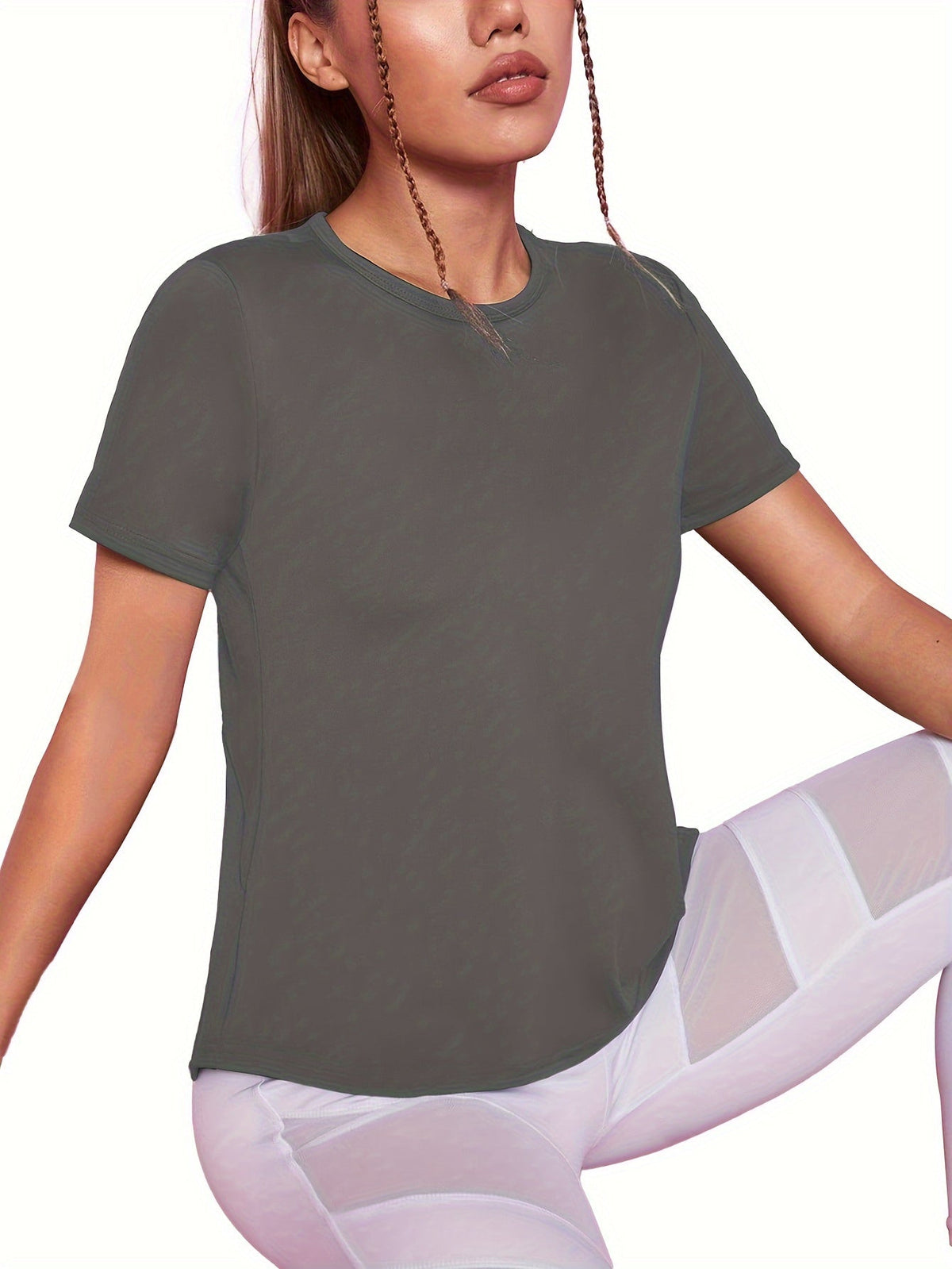 Gray short sleeve sport tee worn with white leggings