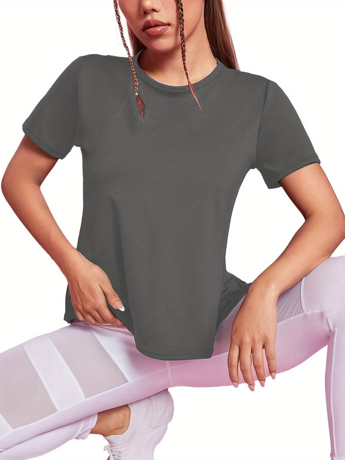 Gray split back sport tee, close front view