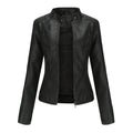 Black stand collar biker jacket with full front zip, front view