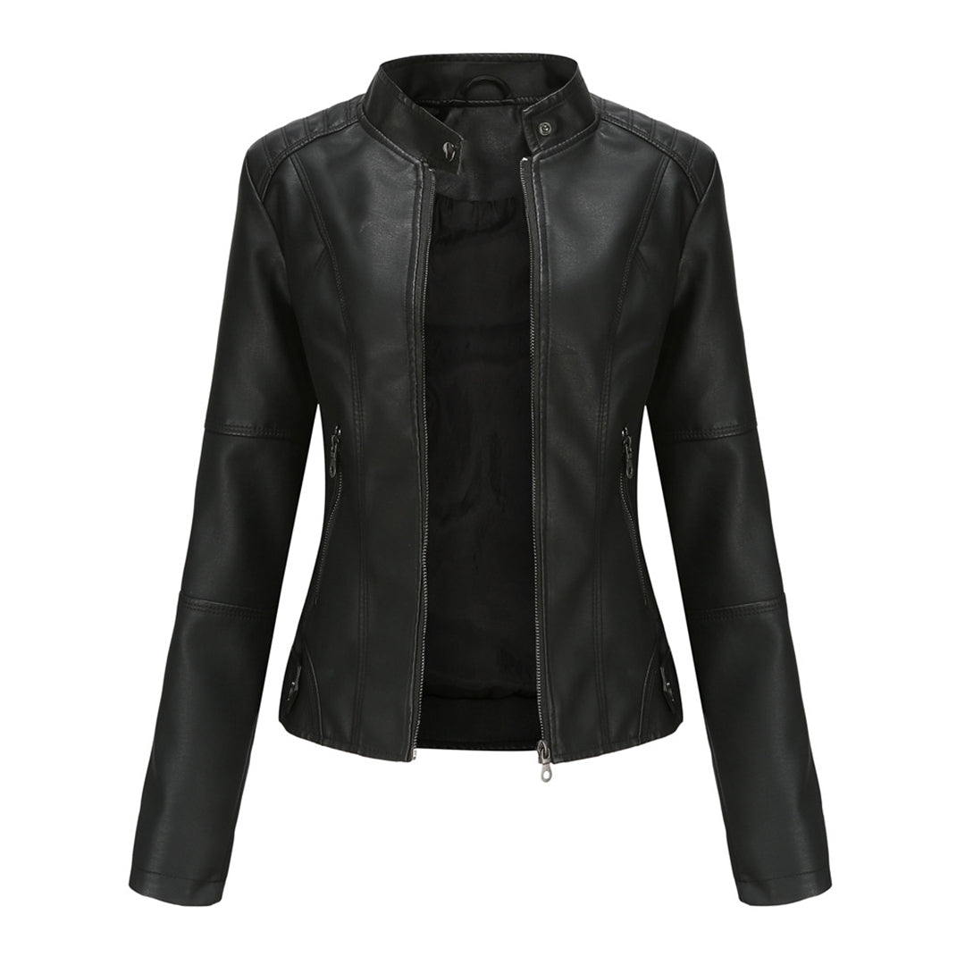 Black stand collar biker jacket with full front zip, front view