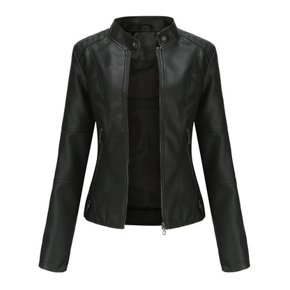Black stand collar biker jacket with full front zip, front view