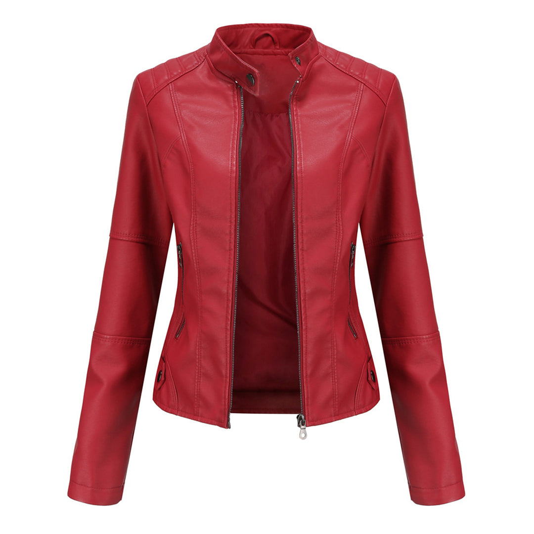 Red stand collar biker jacket with quilted shoulders, front view