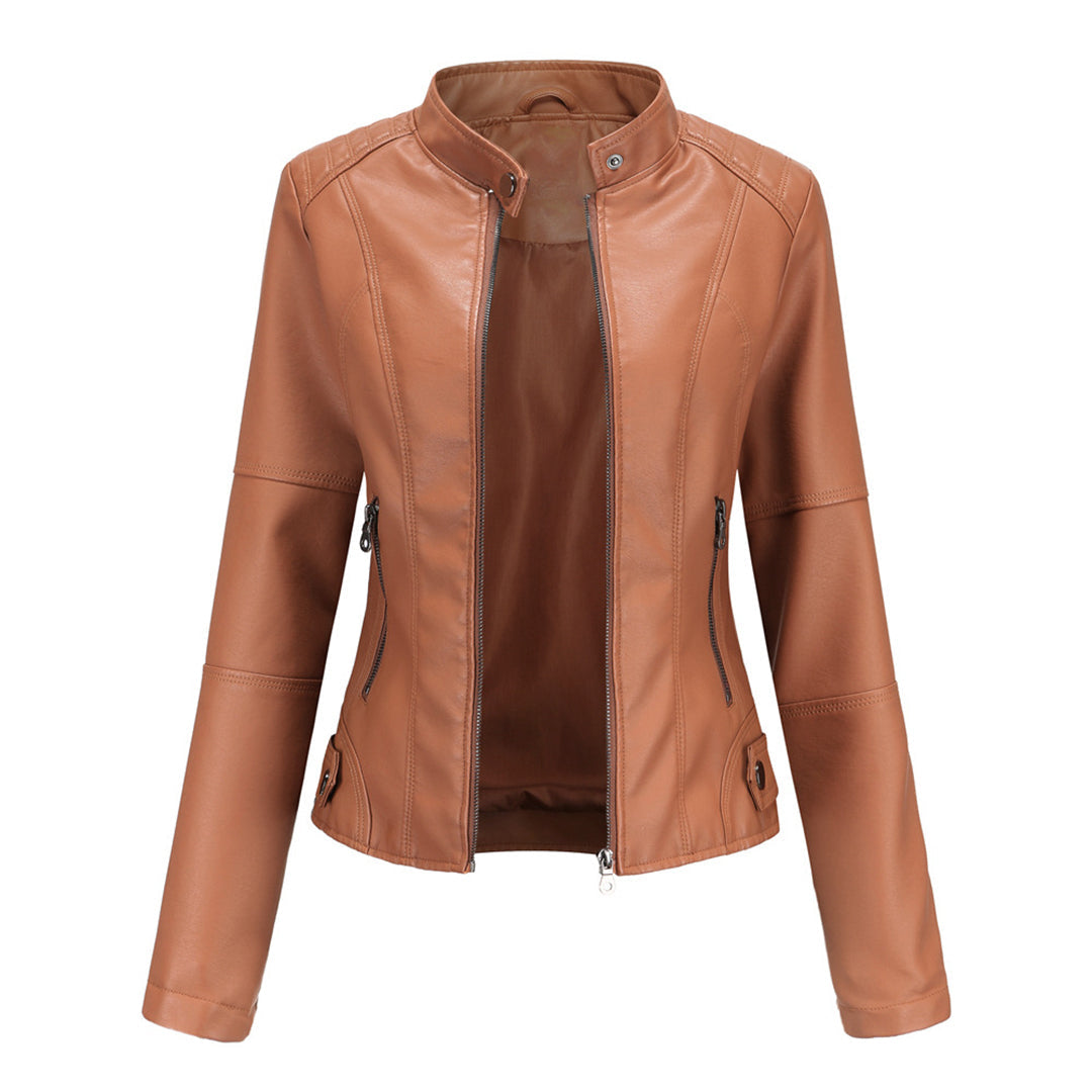 Brown stand collar biker jacket with front zip open, front view