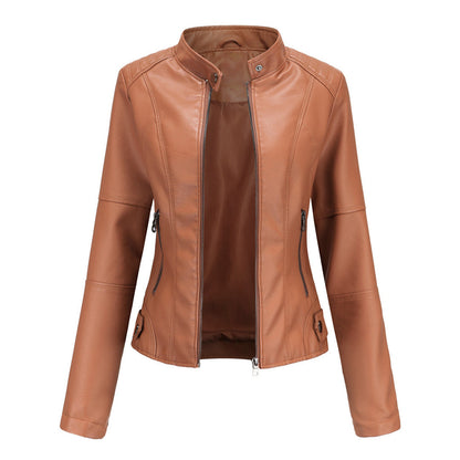 Brown stand collar biker jacket with front zip open, front view