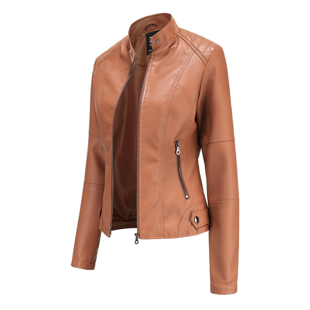 Brown stand collar biker jacket shown from a side angle