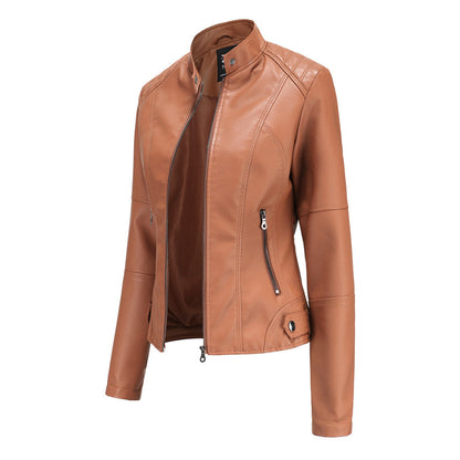 Brown stand collar biker jacket shown from a side angle