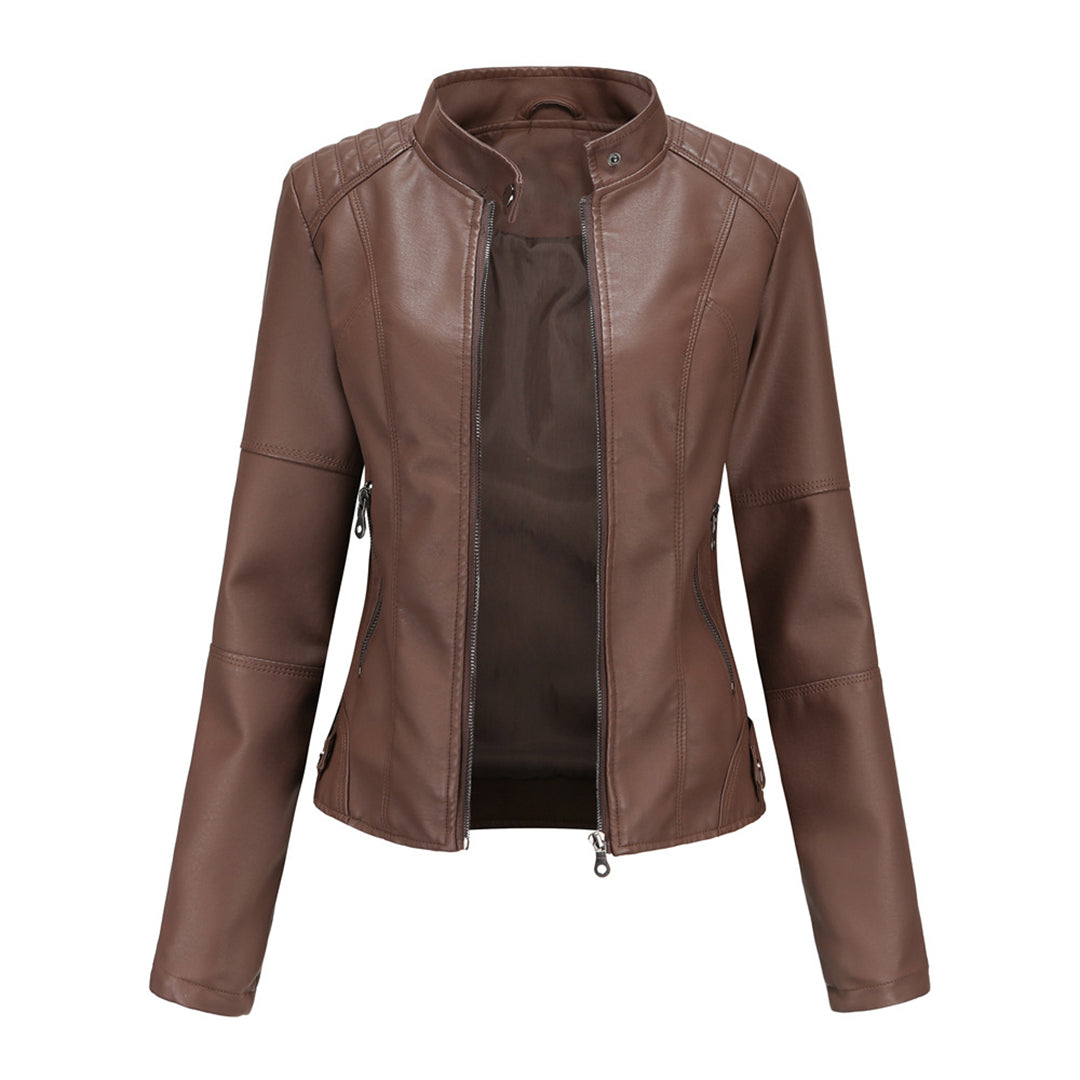 Dark brown stand collar biker jacket with front zip, front view