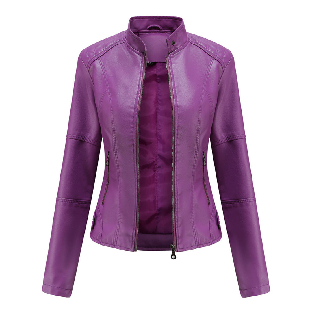 Purple stand collar biker jacket with paneled sleeves, front view