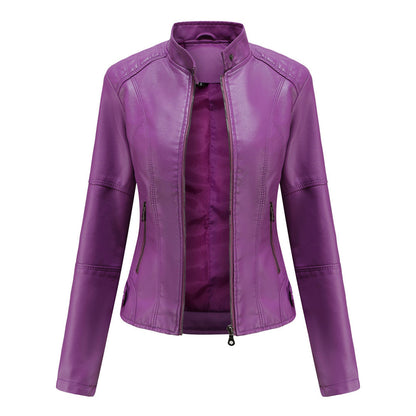Purple stand collar biker jacket with paneled sleeves, front view